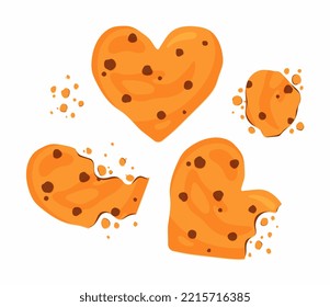 Juego de cookies. Colección de elementos gráficos para el sitio web. Panadería, postre y delicadeza, gourmet. Productos de harina en forma de corazón. Ilustraciones de caricaturas de vectores planos aisladas en fondo blanco