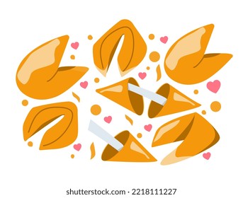 Set of cookies. Collection of stickers for social networks, messengers and graphic elements for website. Sweets with wishes inside. Cartoon flat vector illustrations isolated on white background