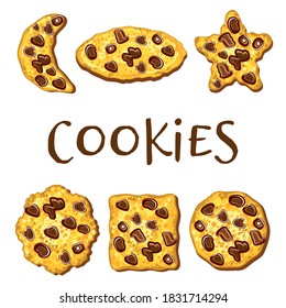A set of cookies of different geometric shapes with chocolate chips on a white background. vector illustration