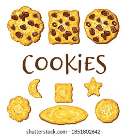 A set of cookies of different geometric shapes with chocolate chips on a white background. vector illustration