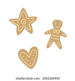 A set of cookies of different shapes in a cartoon children s flat style. Star, heart and gingerbread man, baked goods. Vector illustration