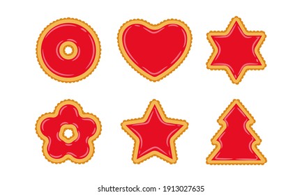 Set of cookies of different shapes with red jelly filling. Fat, high-calorie, unhealthy food. Dessert, yummy, delicious. Illustration in cartoon flat style. Isolated on a white background