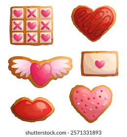 A set of cookies with frosting of various shapes on a white background. The concept of romance, love and Valentine's Day. Isolated vector illustrations for posters, banners, postcards, invitations.