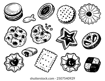 Set of cookies hand drawn doodle. Snack crispy cookie. Dessert food. Confectionery sweets. Sugar pastry. Bakery product. Oatmeal, sandwich, cracker. With filling. Vector outline line art illustration.