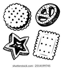 Set of cookies hand drawn doodle. Snack crispy cookie. Dessert food. Confectionery sweets. Sugar pastry. Bakery sandwich, cracker, shortbread. With filling. Vector outline line art illustration.