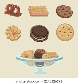 Set of cookies with hand drawn flat style and bowl of cookies for illustrator