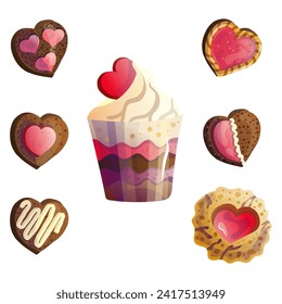 Set de galletas con corazones para el Día de San Valentín, una deliciosa colección para las fiestas del 14 de febrero, ilustraciones en un estilo de dibujos animados planos para decorar un menú dulce en un restaurante