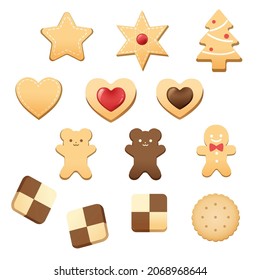 Set of cookies isolated on white background. Star shaped cookie,  christmas tree shaped cookie, heart shaped cookie, gingerbread, checkerboard cookie, and biscuit.