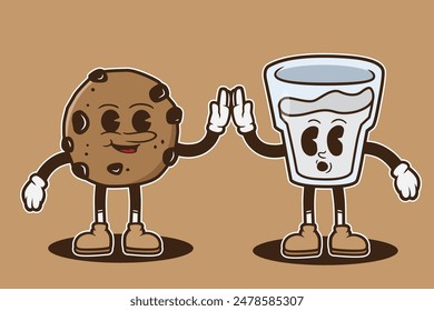 set of cookies and milk mascot character with retro style, groovy style, vintage mascot, character food mascot