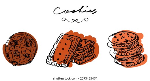 Set of cookies vector illustration on the white background. Brown shadow Three hand drawn cookies: chocolate chips cookie, crackers, graham digestive biscuits. Stylish design sketch. Bakery shop menu.