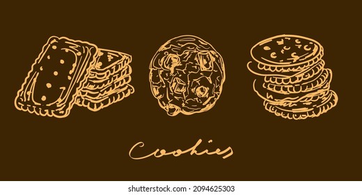 Set Of Cookies Vector Illustration On The Brown Background. Beige Lines. Three Hand Drawn Cookies: Chocolate Chips Cookie, Crackers, Graham Digestive Biscuits. Stylish Design Sketch. Bakery Shop Menu.