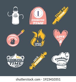 set cooking apron icon rolling pin hat chef and saucepan icons vector illustration