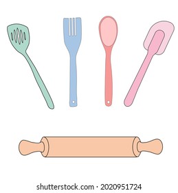 A set of cooking blades vector stock illustration. A spatula, a rolling pin for the dough. Forks for frying. Doodle. Isolated on a white background.