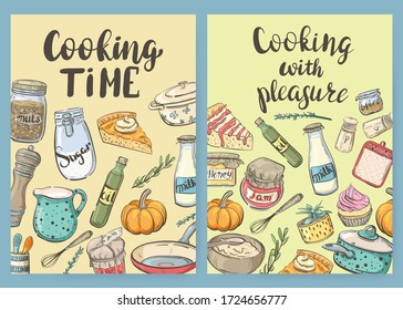 Set of cooking cards with cooking utensils, food and lettering. Cooking time, Cooking with pleasure