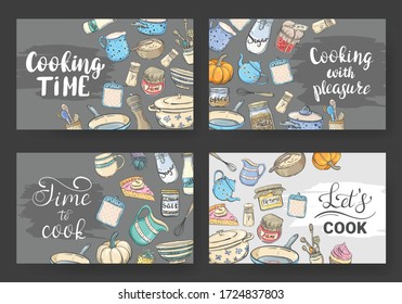 Set of cooking cards with cooking utensils, food and lettering