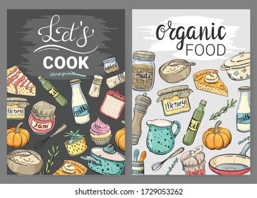 Set of cooking cards with cooking utensils, food and lettering. Let's cook, Organic food
