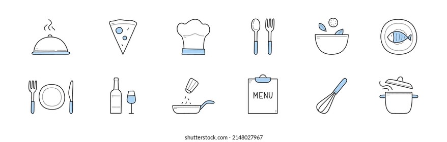 Set of cooking and chef restaurant doodle icons. Menu elements cloche lid with meat, pizza slice, toque and fork with spoon. Bowl, plate with food, bottle and wineglass, whisk, pan Linear vector signs