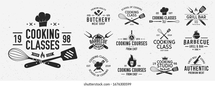 Set of Cooking Class logo and poster templates. Barbecue and Cooking Courses logo set for for food studio, cooking courses, culinary school. Restaurant graphics. Vector illustration
