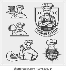 Set of cooking classes with chef cook emblems, labels and design elements. Vector vintage illustration.