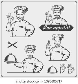 Set of cooking classes with chef cook emblems, labels and design elements. Vector vintage illustration.