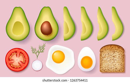 Set for cooking delicious toast with avocados. Vector illustration isolated on white background.