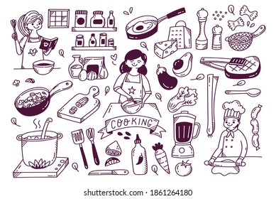 Set of cooking doodle, kitchen utensils and ingredients