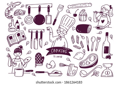 Set of cooking doodle, kitchen utensils and ingredients