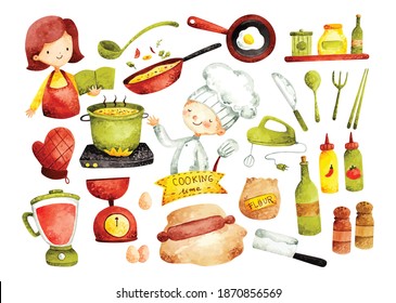 Set of cooking doodle, kitchen utensils and ingredients in water color style vector illustration