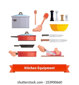 Set of cooking equipment. Frying pan, salt and pepper shakers, pot, chef knifes and bowl.  Flat style illustration or icon. EPS 10 vector.