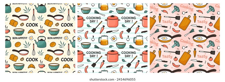 Set of Cooking Equipment Seamless Pattern Design  Illustration in Flat Cartoon Template Hand Drawn
