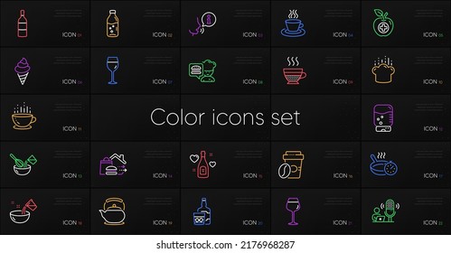 Set of Cooking hat, Teapot and Love champagne line icons. Include Cooking whisk, Coffee cup, Whiskey glass icons. Frying pan, Ice cream, Takeaway coffee web elements. Food delivery. Vector