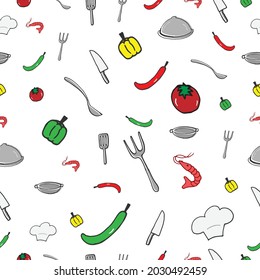 set of cooking icon, cutlery, knife, saucepan, spatula, chef hat, shrimp and vegetables illustration on white background. seamless pattern, hand drawn vector. doodle art for wallpaper, wrapping,fabric