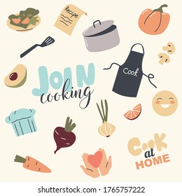 Set of Cooking Icons Apron, Pan and Toque, Recipe Paper Sheet, Pumpkin and Beetroot with Carrot, Onion, Smiling Face and Turner with Avocado, Lemon Slice and Mushrooms. Linear Vector Illustration