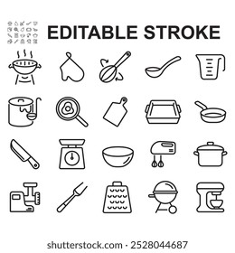 Set of cooking icons. Contains cooking utensils icons such as grill, knife, cutting board and more.