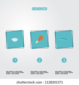 Set of cooking icons flat style symbols with chicken leg, pan, kettle and other icons for your web mobile app logo design.