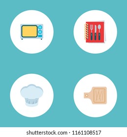 Set of cooking icons flat style symbols with microwave, cooking cap, cutting board and other icons for your web mobile app logo design.