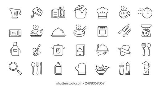 Set of cooking icons. Fork, spoon,knife, recipe book, chef hat, frying pan,kitchen utensils,  Vector illustration.