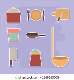 set of cooking icons on a purple background vector illustration design