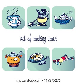 Set of cooking icons on white background as a thumbnail by hand