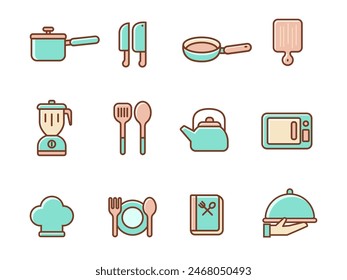 Set of cooking icons with soft color design on white background