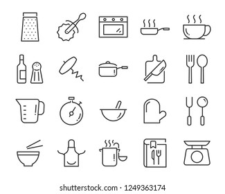 set of cooking icons, such as plate, kitchenware, spoon, oven, microwave, pot