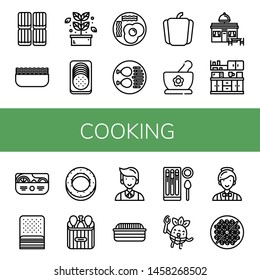 Set of cooking icons such as Toffee, Minced meat, Herb, Sausage, Fried eggs, Chicken leg, Pepper, Herbs, Restaurant, Kitchen, Salad, Bacon, Bagel, Waiter, Bread, Churros , cooking