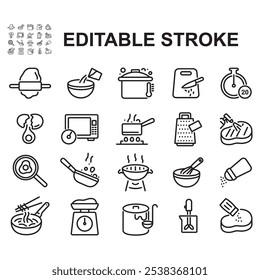 Set of cooking icons. Thin line vector. Contains icons such as pouring, cutting, weighing and more.