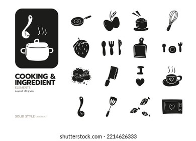 Set of cooking and ingredient hand drawn elements solid style vector design.