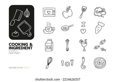Set of cooking and ingredient hand drawn elements outline style vector design.