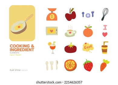 Set of cooking and ingredient hand drawn elements flat style vector design.