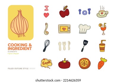 Set of cooking and ingredient hand drawn elements filled outline style vector design.