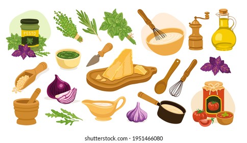 Set of cooking italian food hand-drawn elements. Cooking recipe icons. Spices, herbs, condiments, ingredients. Parmesan cheese, pesto sauce, tomato, onion, garlic, basil. Hand-drawn illustration.