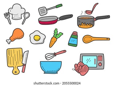 Conjunto de ilustraciones de doodle coloridas de cocina y cocina aisladas en fondo blanco