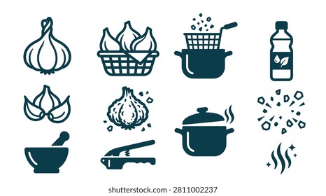 Set of cooking and kitchen icons featuring garlic preparation including whole bulbs, basket, mortar and pestle, garlic press, frying pot, oil bottle, and steaming pot silhouettes on white.